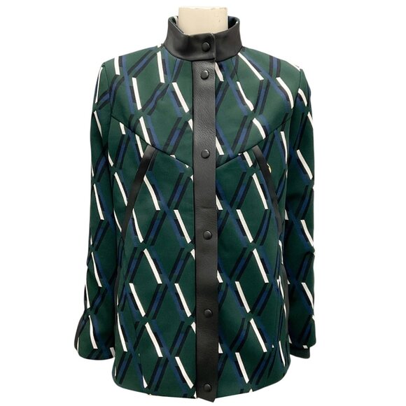 Tod's Green / White / Blue / Black Leather Trimmed Printed Knit Jacket - Picture 1 of 6